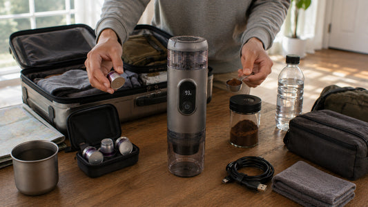 Titanium Gray portable espresso maker with coffee capsules and pre-portioned ground coffee prepared for travel