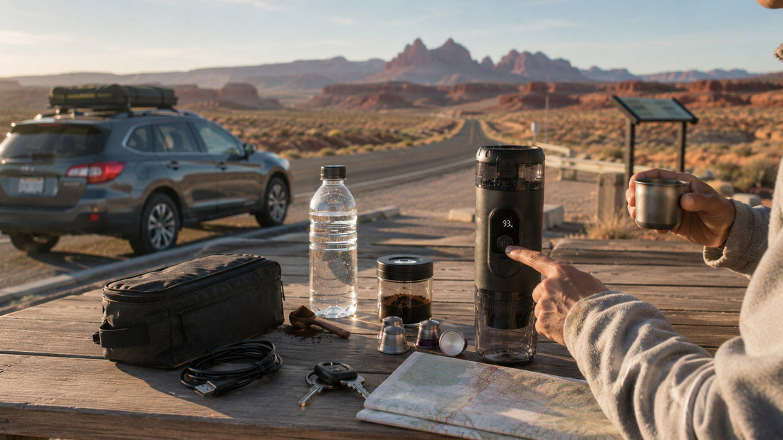 Obsidian Black self-heating portable espresso maker at a desert highway roadside stop