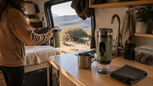 Alpine Green self-heating portable espresso maker on a compact camper van counter during a morning coffee routine