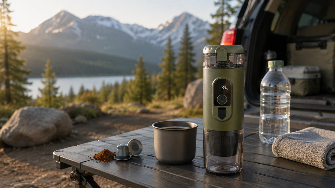Alpine Green portable espresso maker at a mountain campsite with a titanium coffee cup