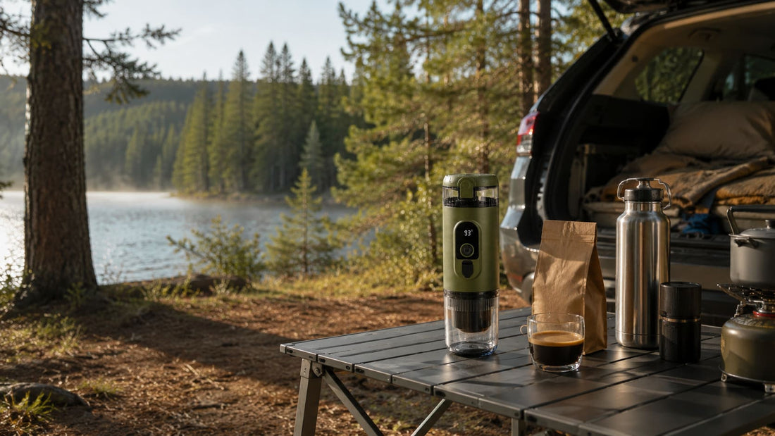 Simple car camping coffee kit with a portable coffee maker, mug, water bottle, and coffee grounds