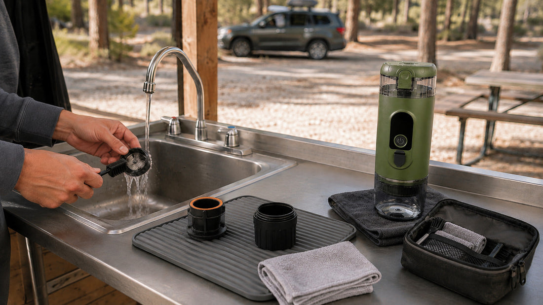 Traveler cleaning removable espresso maker parts at a campground wash station while the Alpine Green main unit stays dry