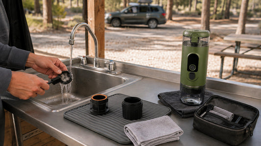 Traveler cleaning removable espresso maker parts at a campground wash station while the Alpine Green main unit stays dry