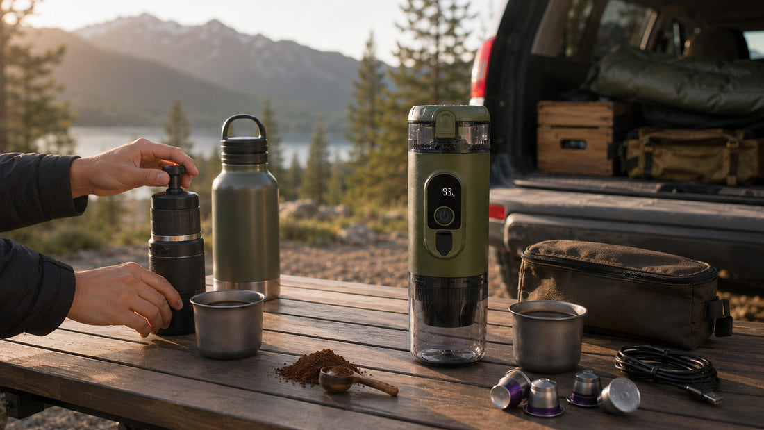 Alpine Green self-heating portable espresso maker at a road trip campsite with titanium cup