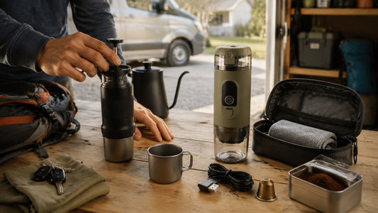 Manual and Alpine Green self-heating portable espresso makers compared on a travel gear preparation table