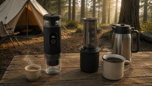 Black TrailBrew portable espresso maker and AeroPress Go on a table at a pine forest campsite