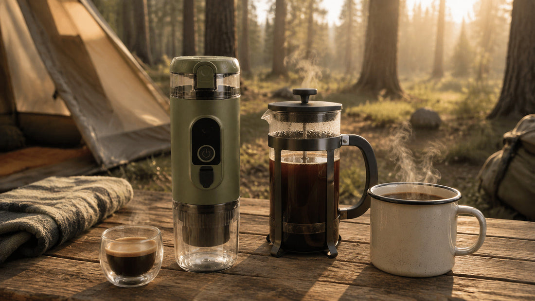 TrailBrew portable espresso maker and French press on a table at a pine forest campsite