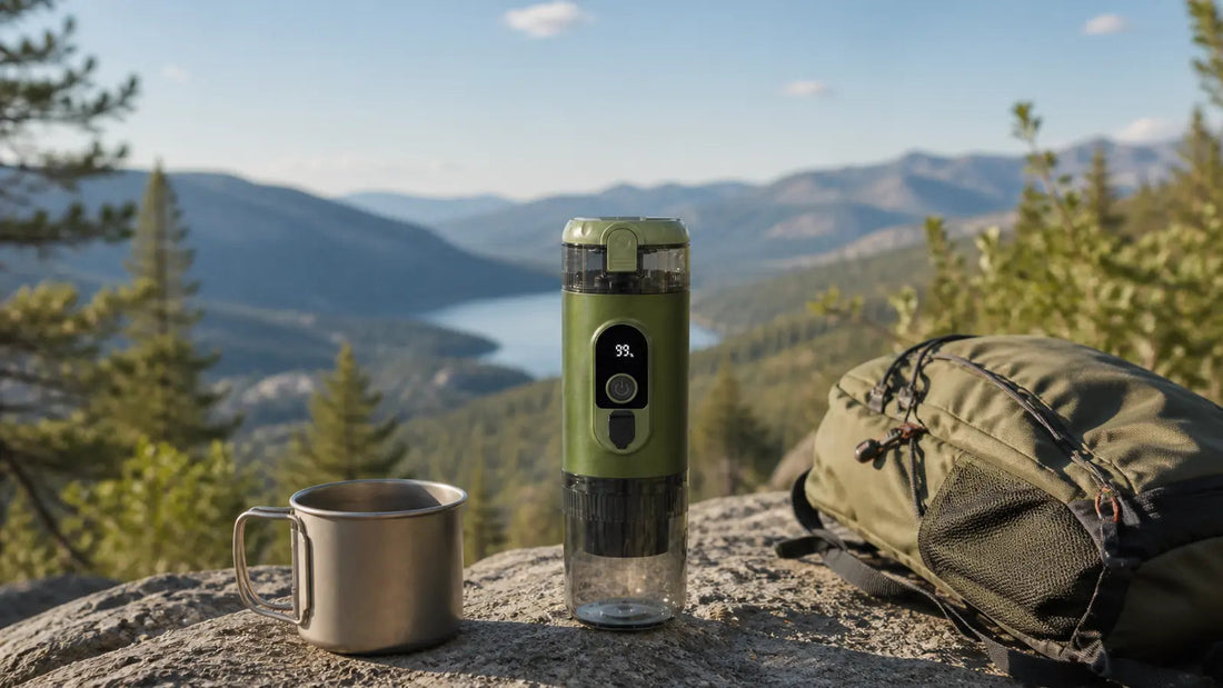 Alpine Green TrailBrew portable espresso maker at a scenic day-hike overlook