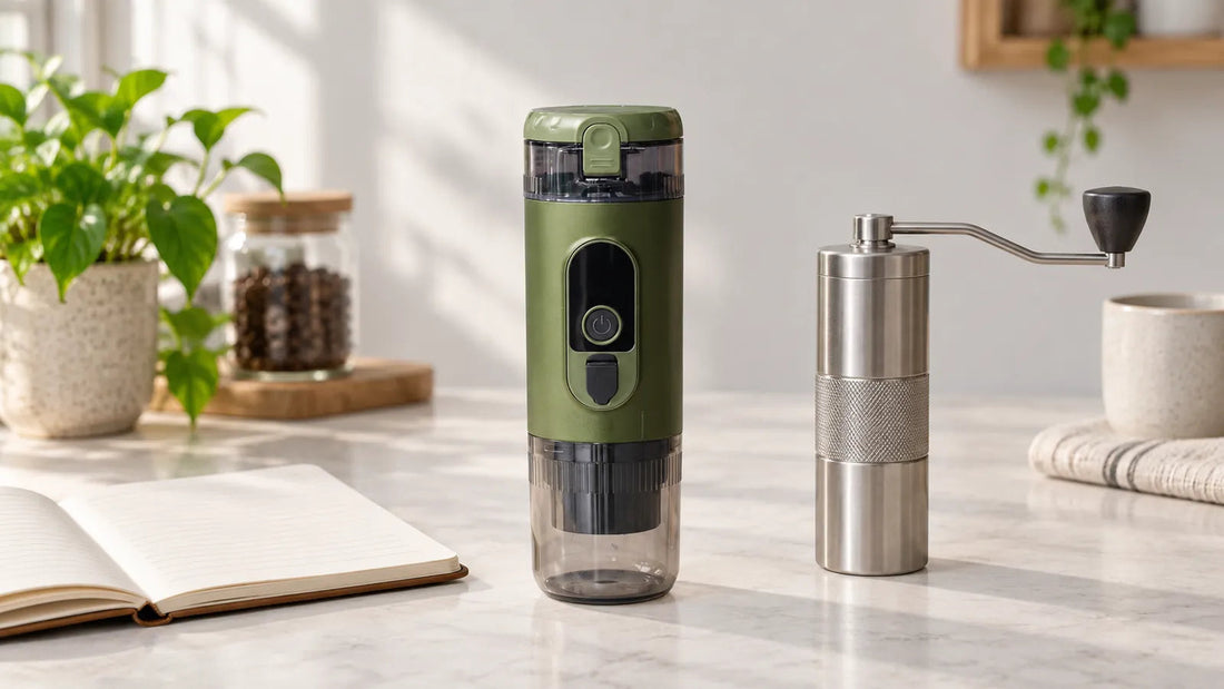 Closed alpine green portable espresso maker beside a separate manual coffee grinder and blank notebook