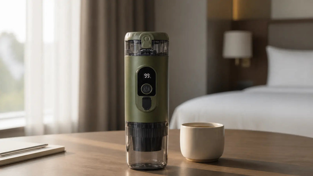 Alpine Green TrailBrew portable espresso maker on a clean hotel desk in soft morning light.