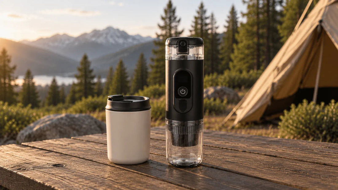 Closed Black TrailBrew portable espresso maker beside a cream travel mug with a fitted dark lid on a campsite table.
