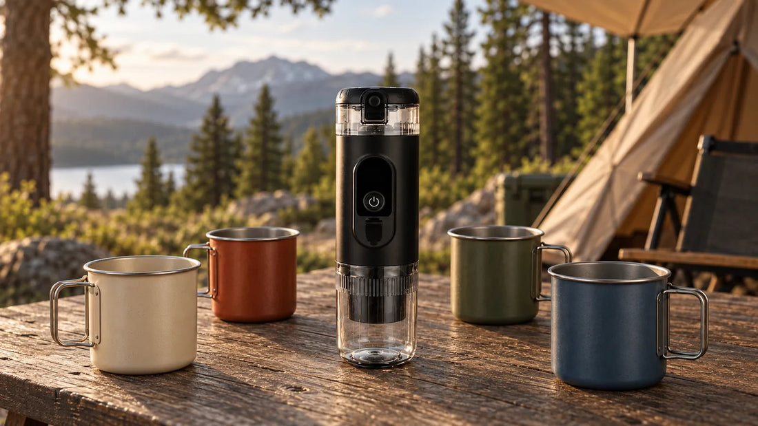 Closed black portable espresso maker beside four empty camping mugs on a wooden table.