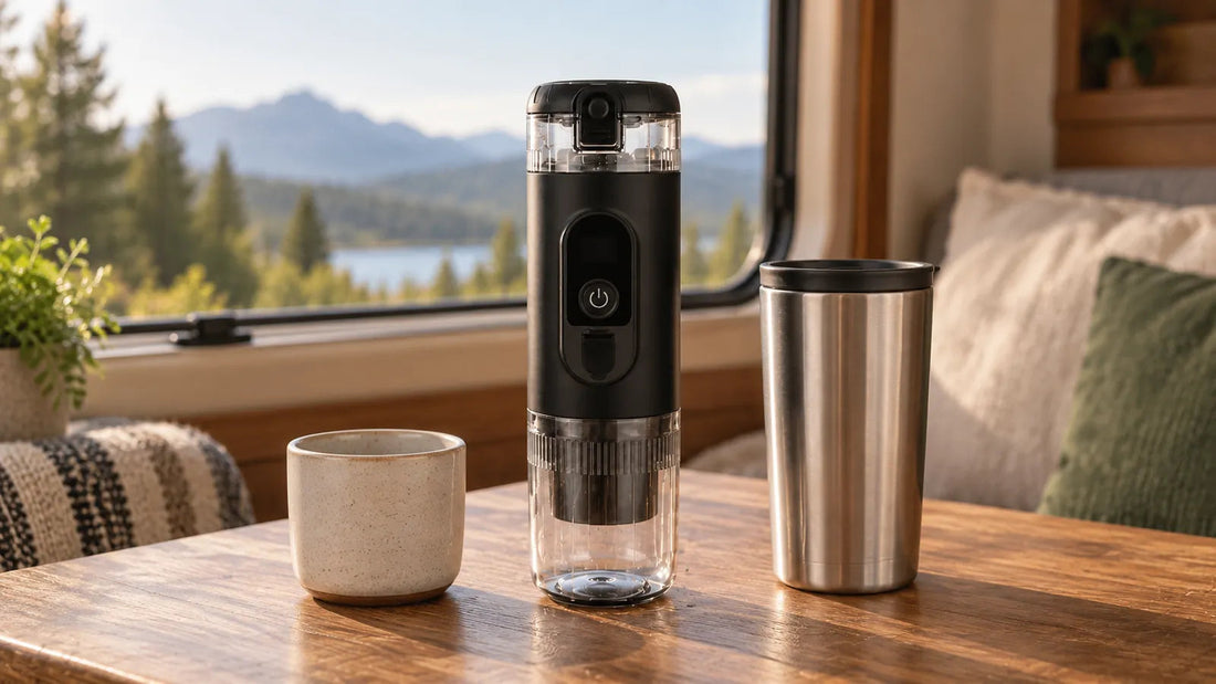 Closed black portable espresso maker beside a small cup and a larger empty travel mug on a wooden table