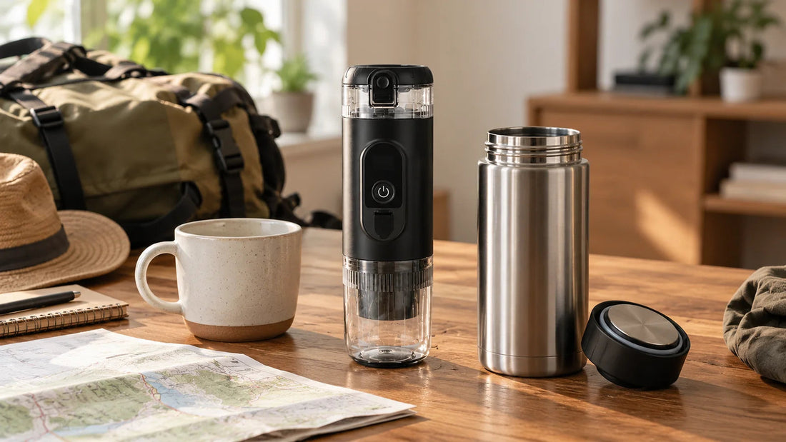 Closed Black portable espresso maker beside an open stainless flask, its lid and an empty ceramic mug on a packing table
