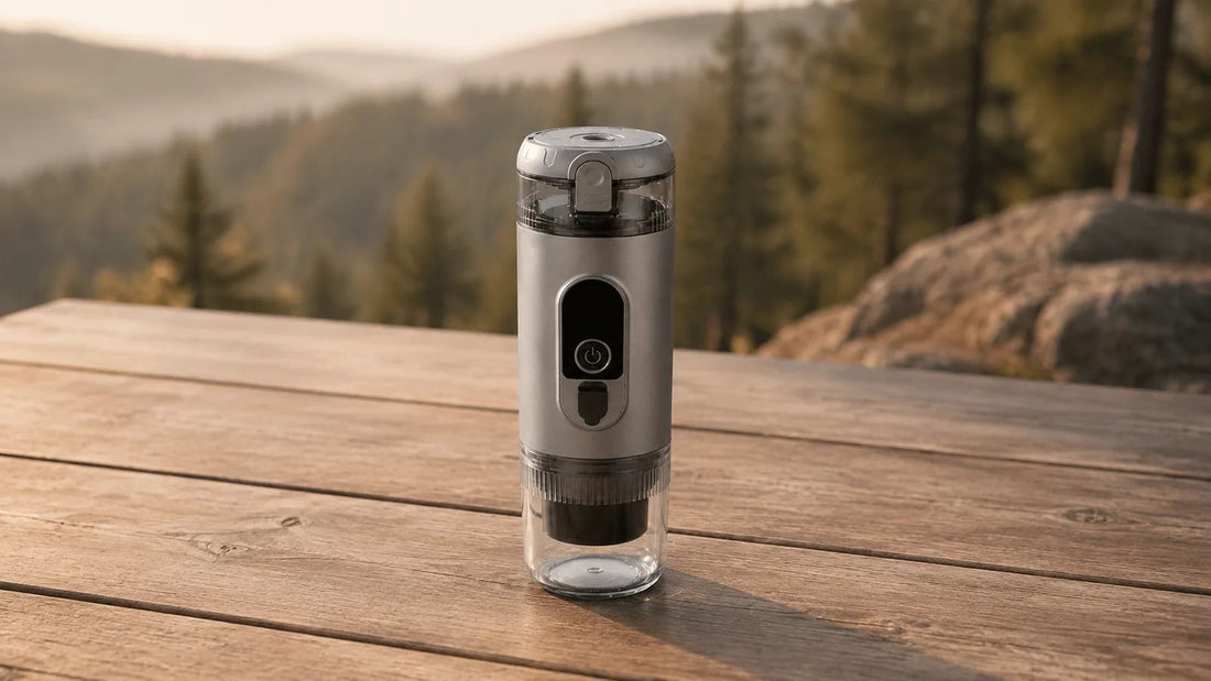 Closed Titanium Gray TrailBrew portable espresso maker centered on a broad dry picnic table at an outdoor overlook.