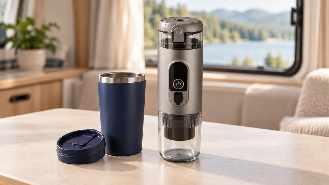 Closed titanium gray portable espresso maker beside an empty travel mug and its detached lid on a table