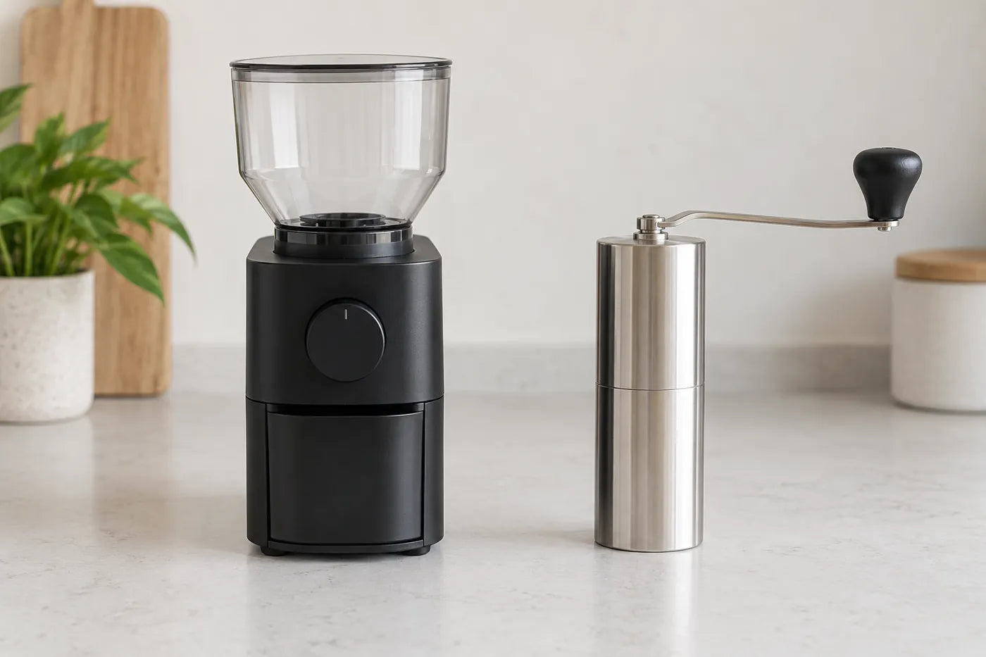 A generic electric coffee grinder and a separate manual grinder with different adjustment designs