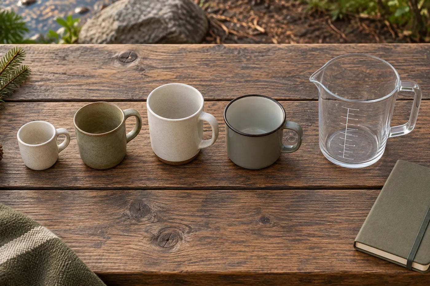 Four differently sized empty mugs beside a clear measuring jug on a camping table.