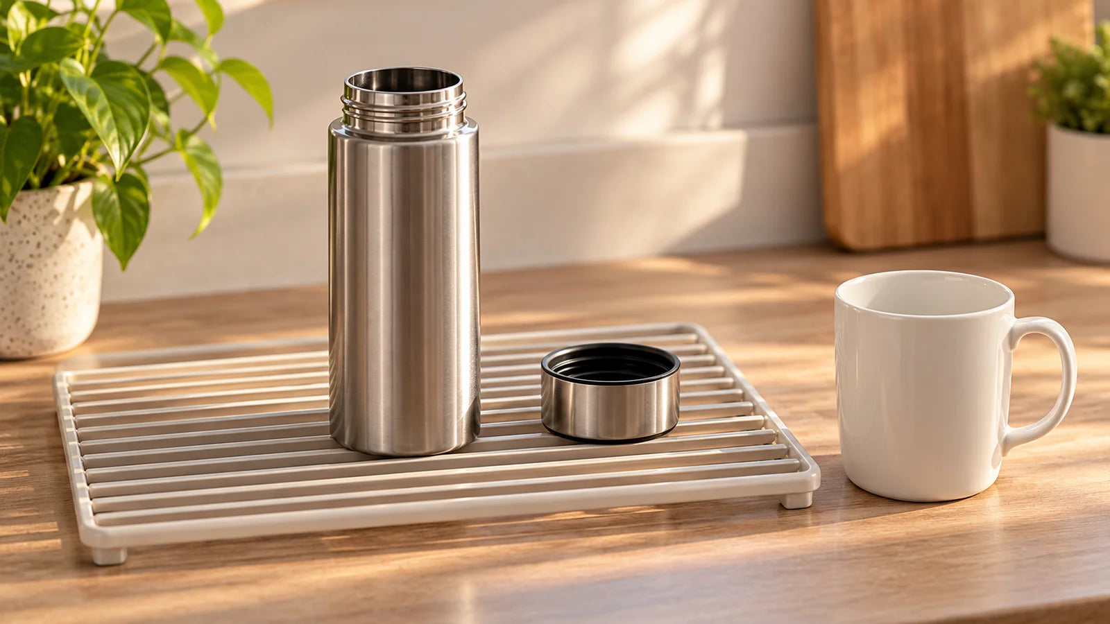 Open stainless flask and separate intact lid on a draining rack beside an empty ceramic mug
