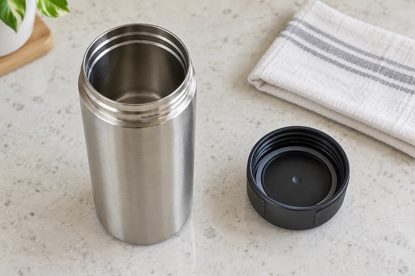 Open stainless flask and intact screw lid placed apart on a dry counter beside a folded cloth
