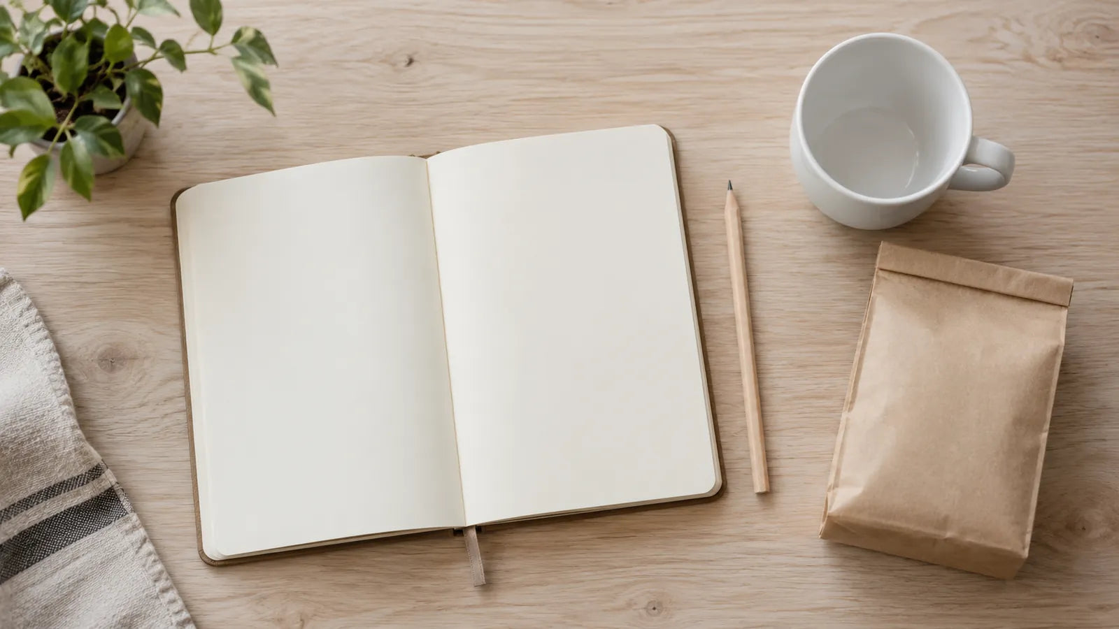 A blank open notebook and pencil beside an empty coffee cup and a closed bag of coffee beans