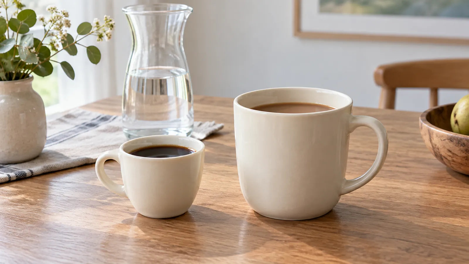A small cup of dark coffee and a larger cup of lighter coffee beside a separate water carafe