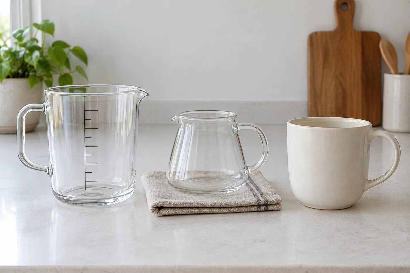 Empty clear measuring jug, small glass server and larger mug arranged separately on a kitchen counter