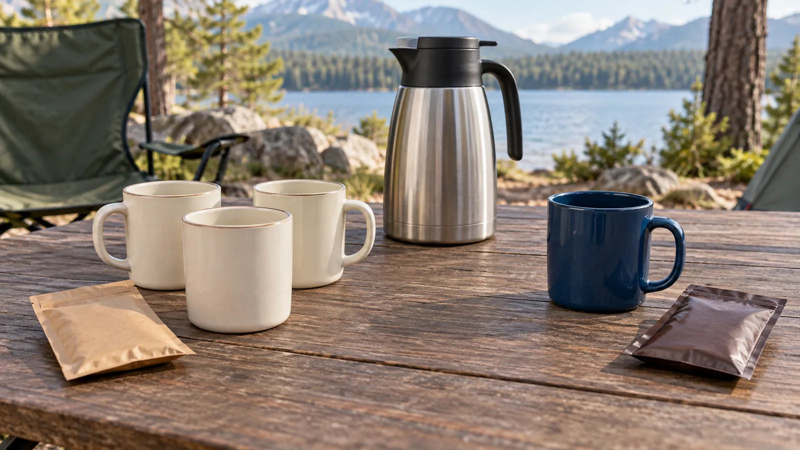 Three empty cream mugs grouped together and one blue mug set separately beside a closed insulated carafe.