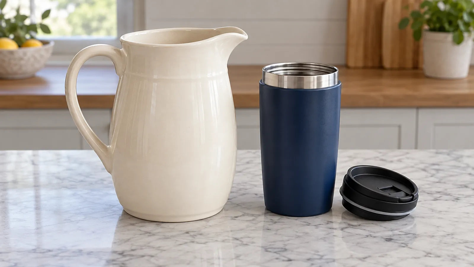 An empty handled serving jug with a spout beside an empty travel mug on a clear table