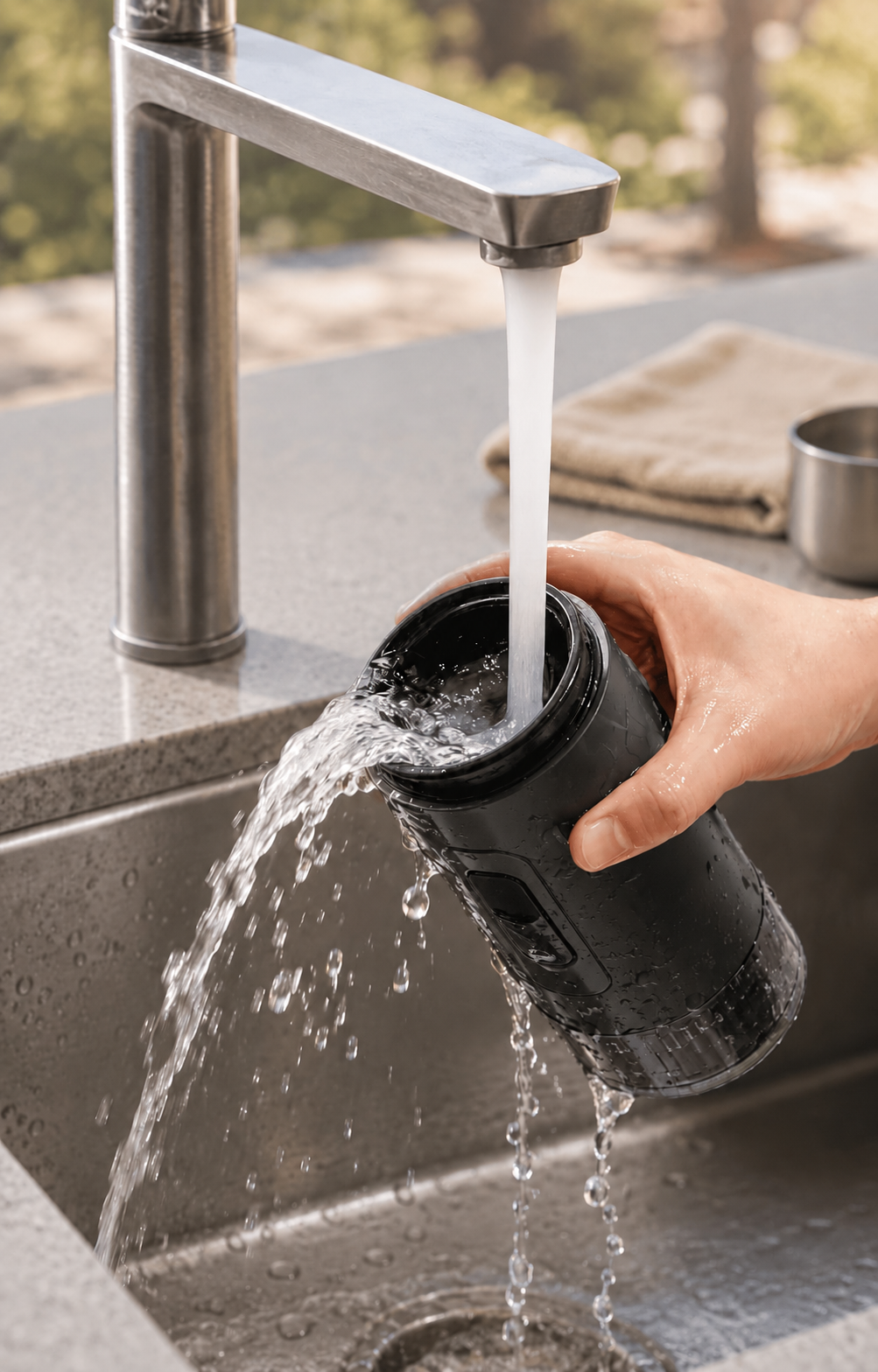 Filling a TrailBrew Obsidian Black portable espresso maker with water under a kitchen faucet