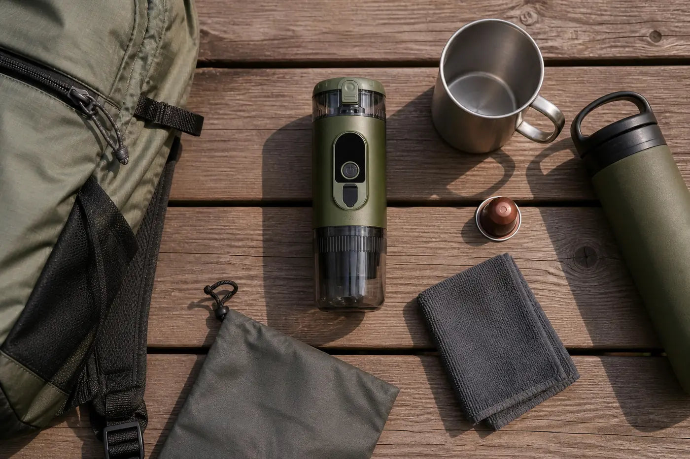 Intact Alpine Green TrailBrew maker arranged with a hiking mug, water bottle, coffee capsule, cloth, and daypack.