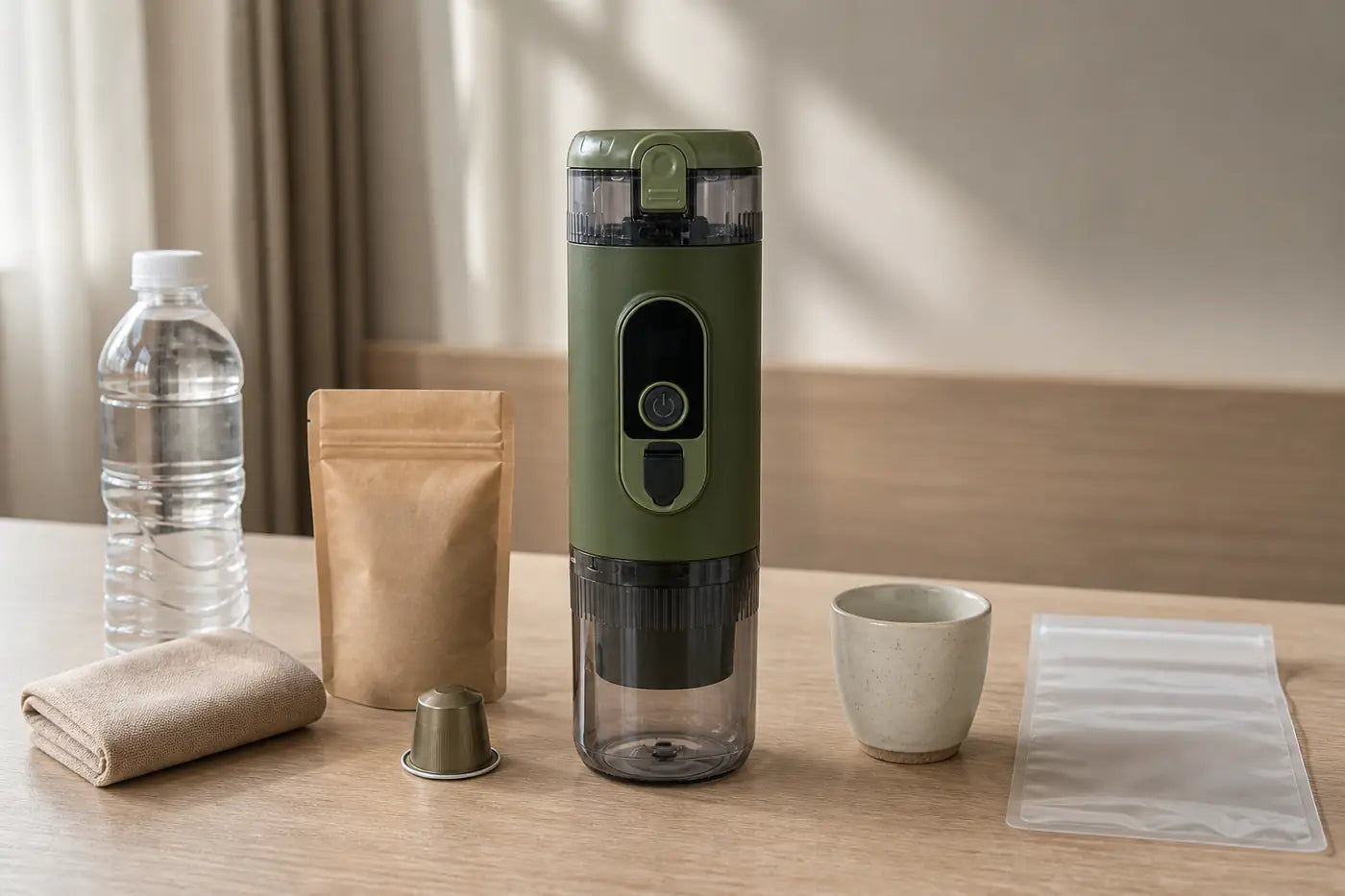 Alpine Green TrailBrew portable espresso maker with a capsule, coffee grounds, water bottle, cup, and folded cloth for a hotel coffee setup.
