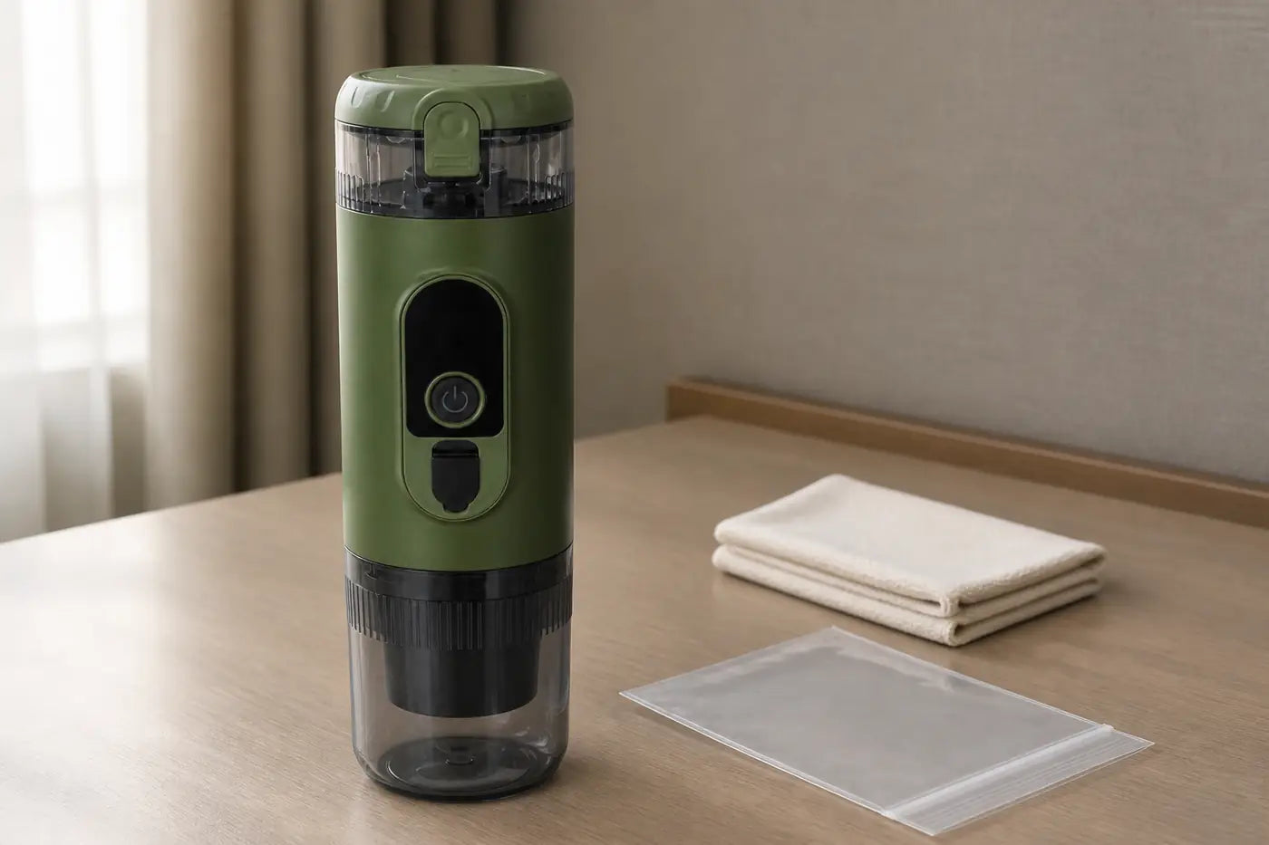 Closed Alpine Green TrailBrew portable espresso maker kept dry beside a folded cloth on a hotel desk.