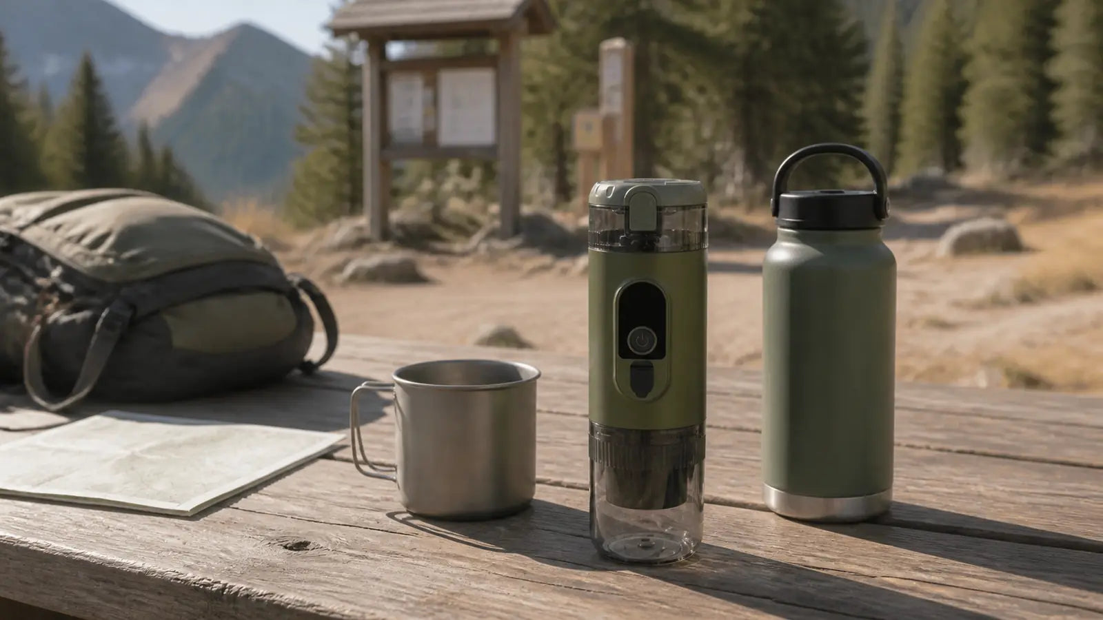 Alpine Green TrailBrew portable espresso maker standing on a dry trailhead table beside a mug and water bottle.