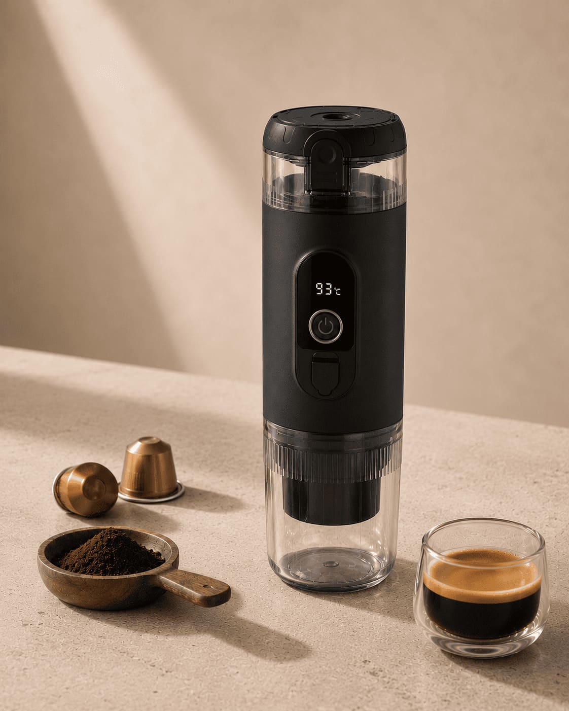 TrailBrew black portable espresso maker with espresso capsules, ground coffee and glass of espresso