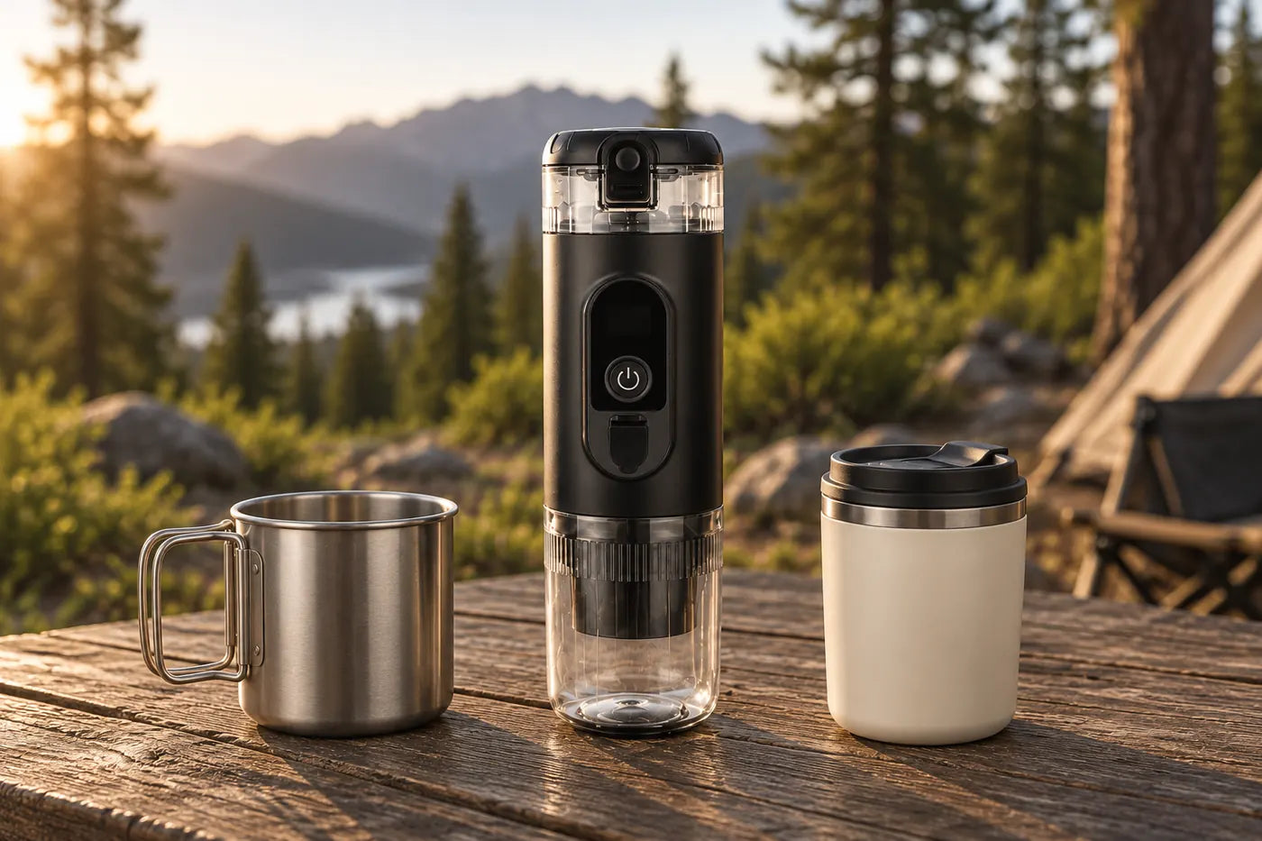 Closed Black TrailBrew portable espresso maker between an empty open steel cup and a cream mug with a fitted dark lid.
