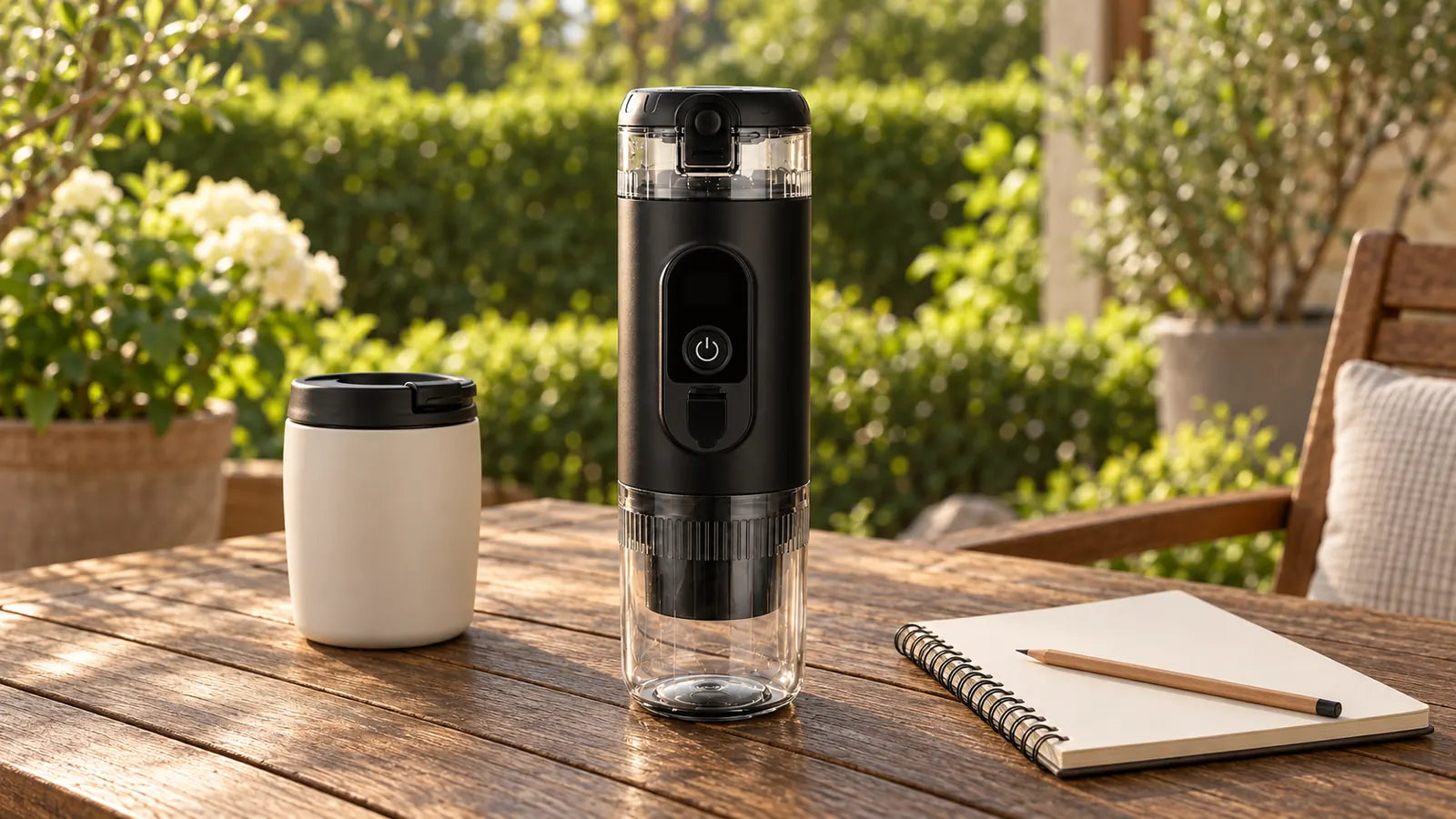 Closed Black TrailBrew portable espresso maker beside a lidded cream mug and a blank notebook on a shaded outdoor table.