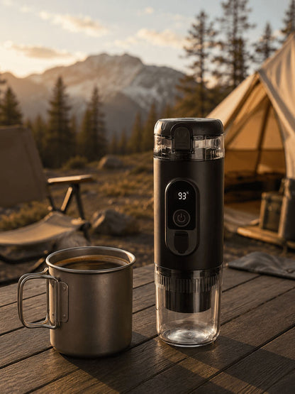 TrailBrew black portable espresso maker on wooden deck at mountain campsite with titanium mug at golden hour