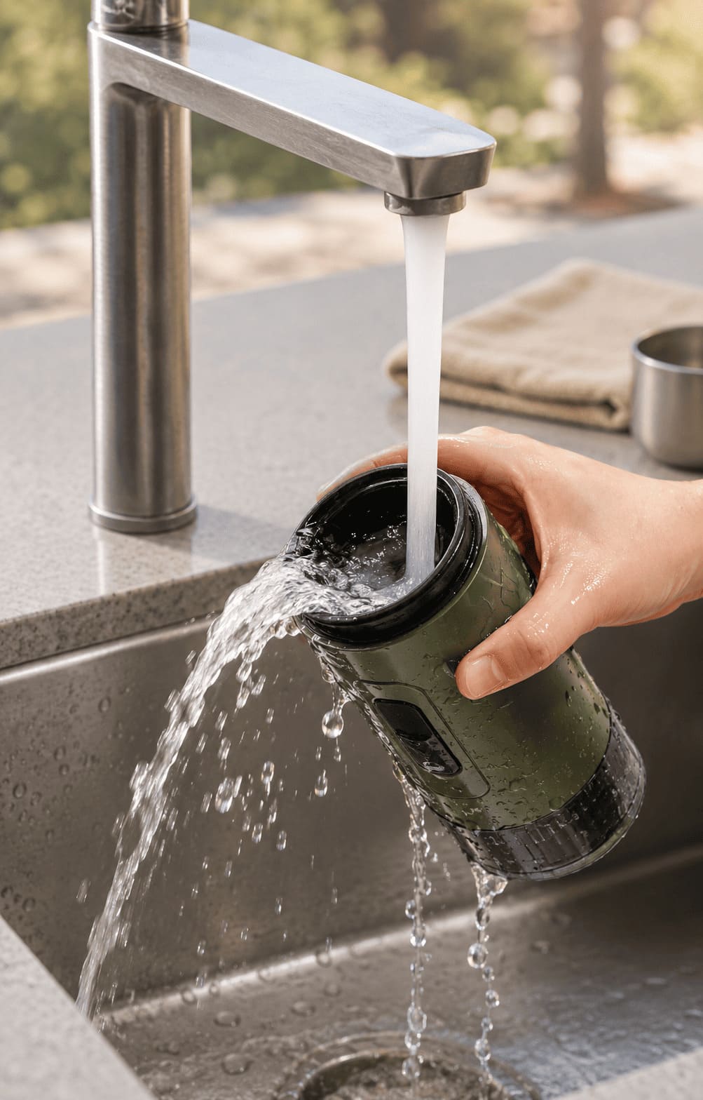 Filling TrailBrew green portable espresso maker with water under kitchen faucet