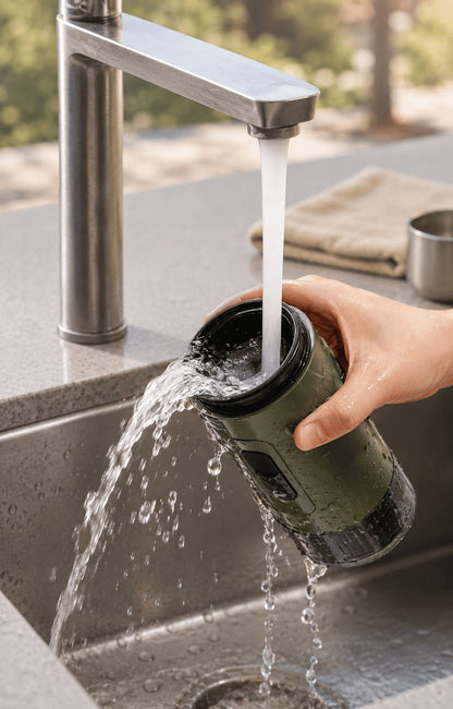 Filling TrailBrew green portable espresso maker with water under kitchen faucet