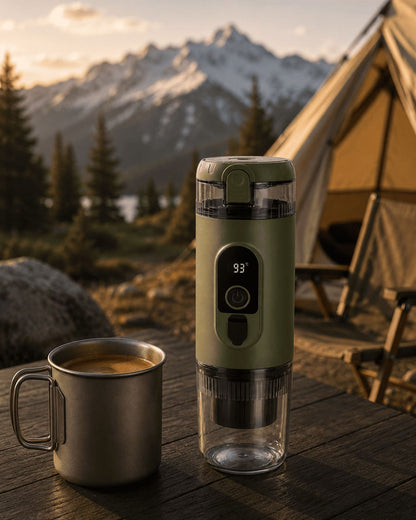 TrailBrew portable espresso maker in green beside titanium camping mug at mountain campsite with snowy peaks
