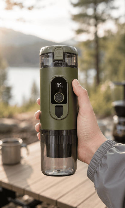 TrailBrew portable espresso maker in green held at lakeside campsite on wooden deck