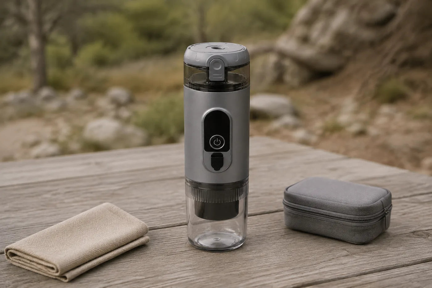 Closed Titanium Gray TrailBrew portable espresso maker with a folded cloth and zipped pouch separated on a dry table.