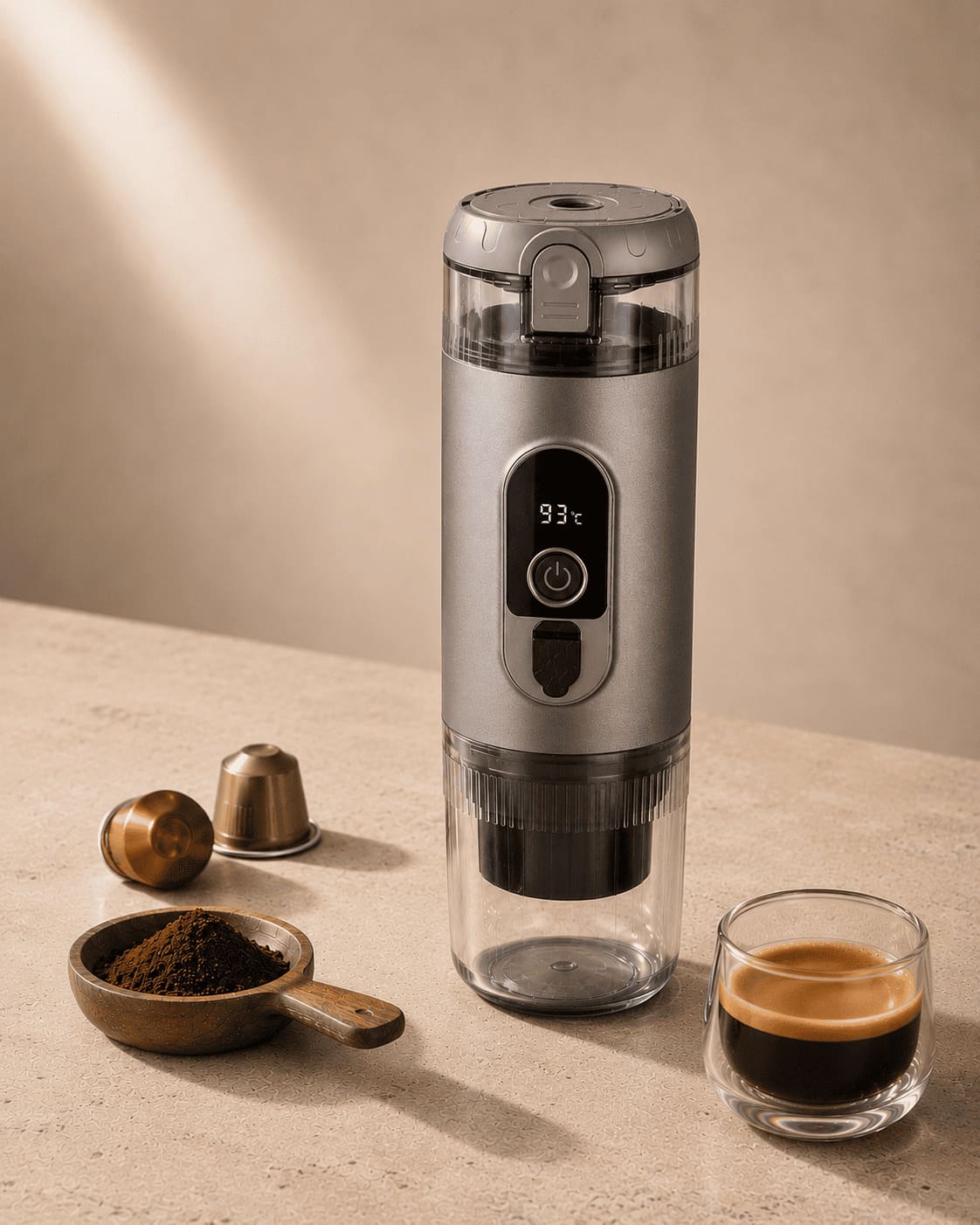 TrailBrew portable espresso maker in titanium gray with espresso capsules, ground coffee and glass of espresso