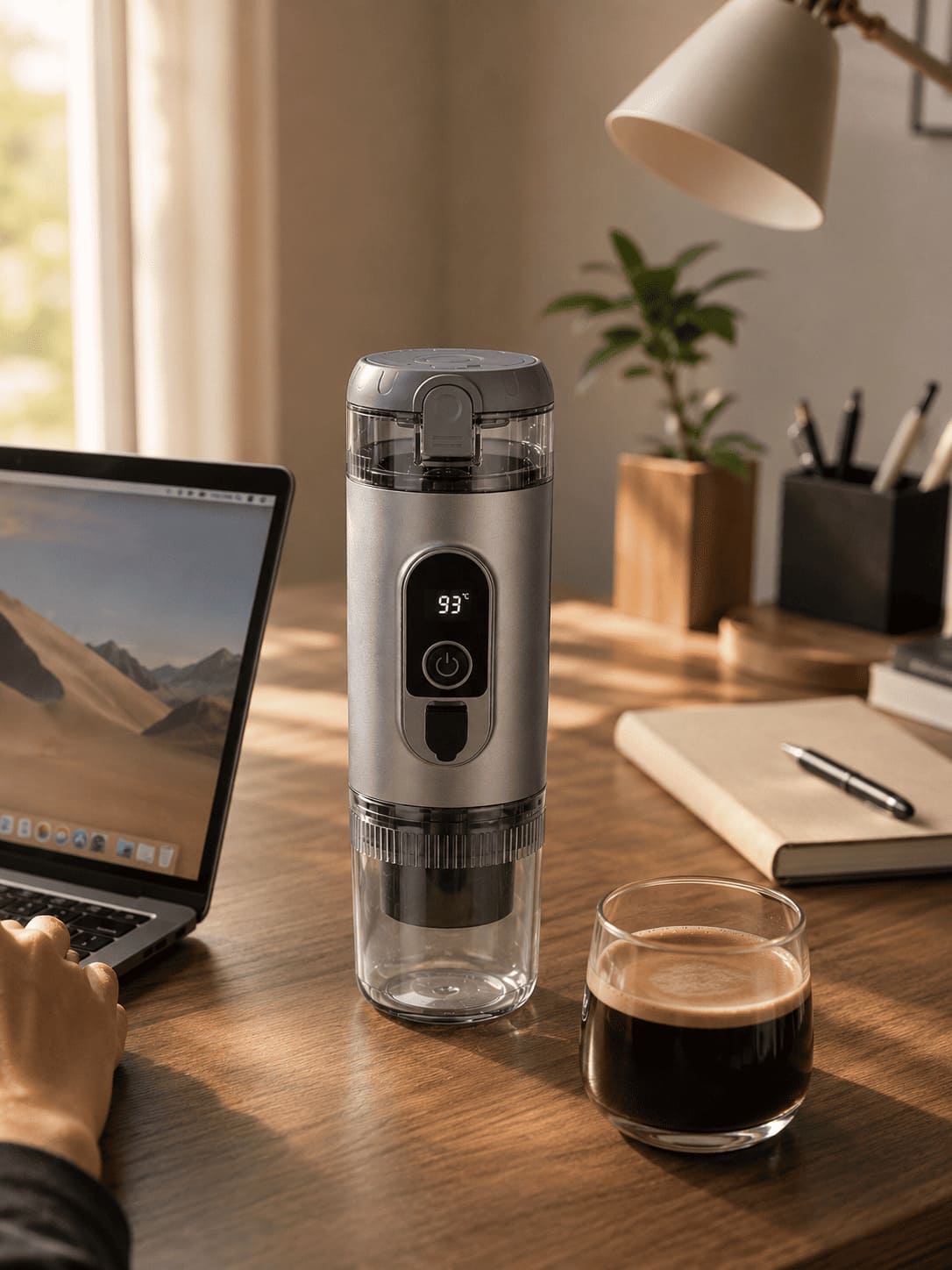 TrailBrew portable espresso maker in titanium gray on wooden office desk beside laptop and notebook